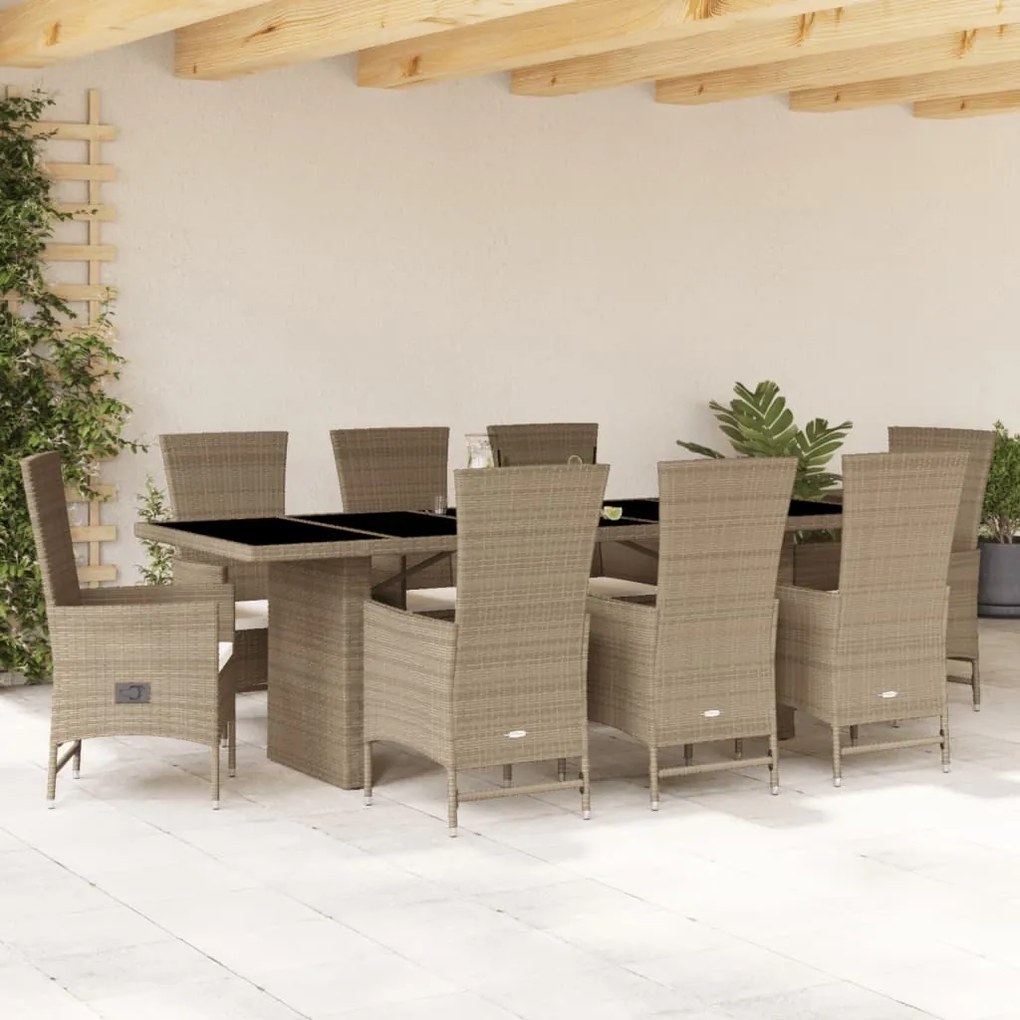 vidaXL 9 pcs conjunto de jantar p/ jardim com almofadões vime PE bege