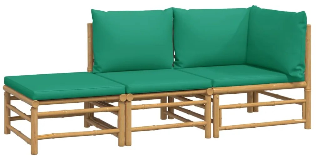 3 pcs conjunto lounge de jardim bambu c/ almofadões verdes