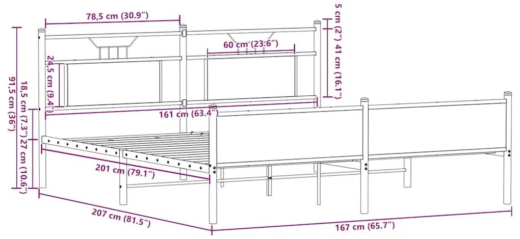 Estrutura de cama sem colchão 160x200cm metal carvalho sonoma