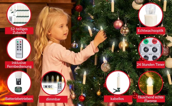 Conjunto de 30 velas LED para árvore de Natal, branco quente, com comando remoto