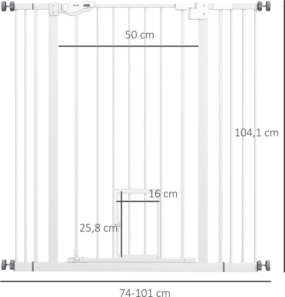 Barreira de Segurança para Cães com Porta Pequena Fechamento Automático e Sistema Duplo de Bloqueio 74-101x104,1 cm Branco