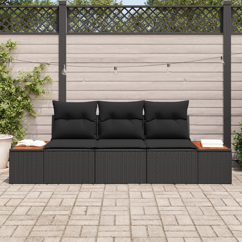 Conjunto de Sofás de Jardim com 3 Peças e Almofadas Preto Polirattan A