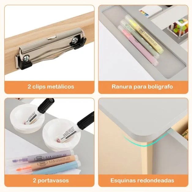 Conjunto de mesa e banco para crianças com cavalete ajustável de dupla face Quadro de giz magnético e rolos de papel substituíveis Cinzento