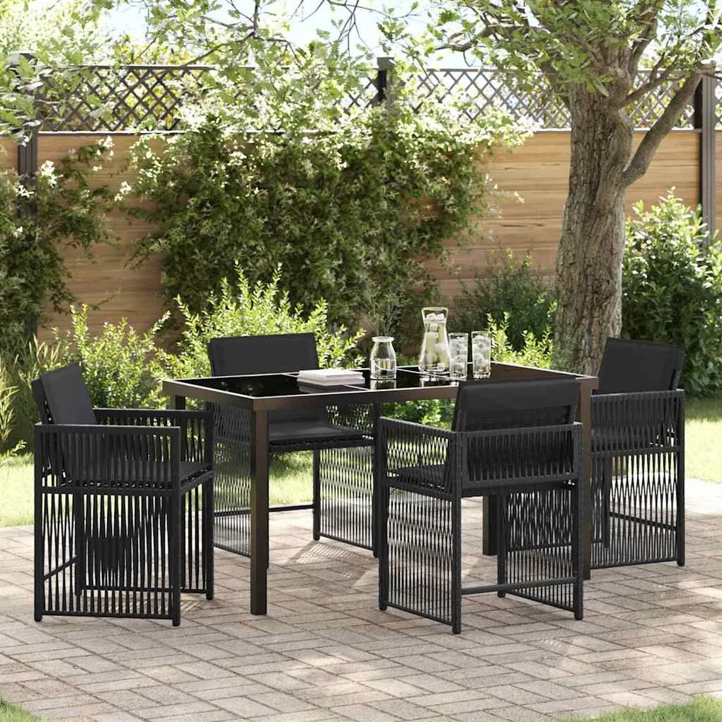 vidaXL Conjunto de Jantar para Jardim com 5 Peças e Almofadas Preto Poli Rattan