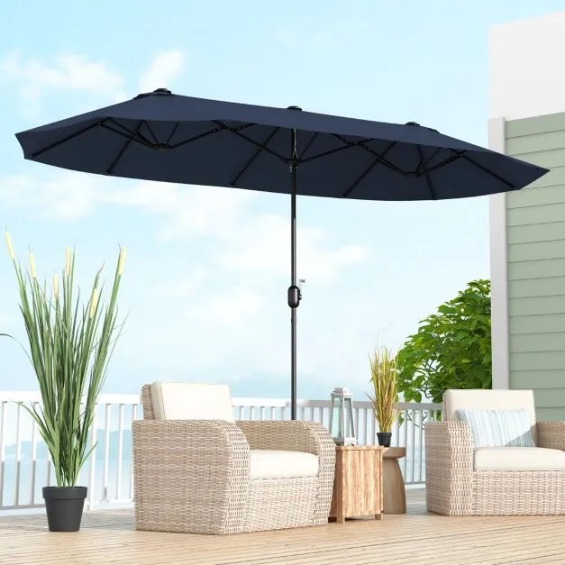 Guarda-sol duplo 400x200 cm jardim duplo para exterior com base recarregável, manivela e 12 varas de alta resistência Azul Marinho
