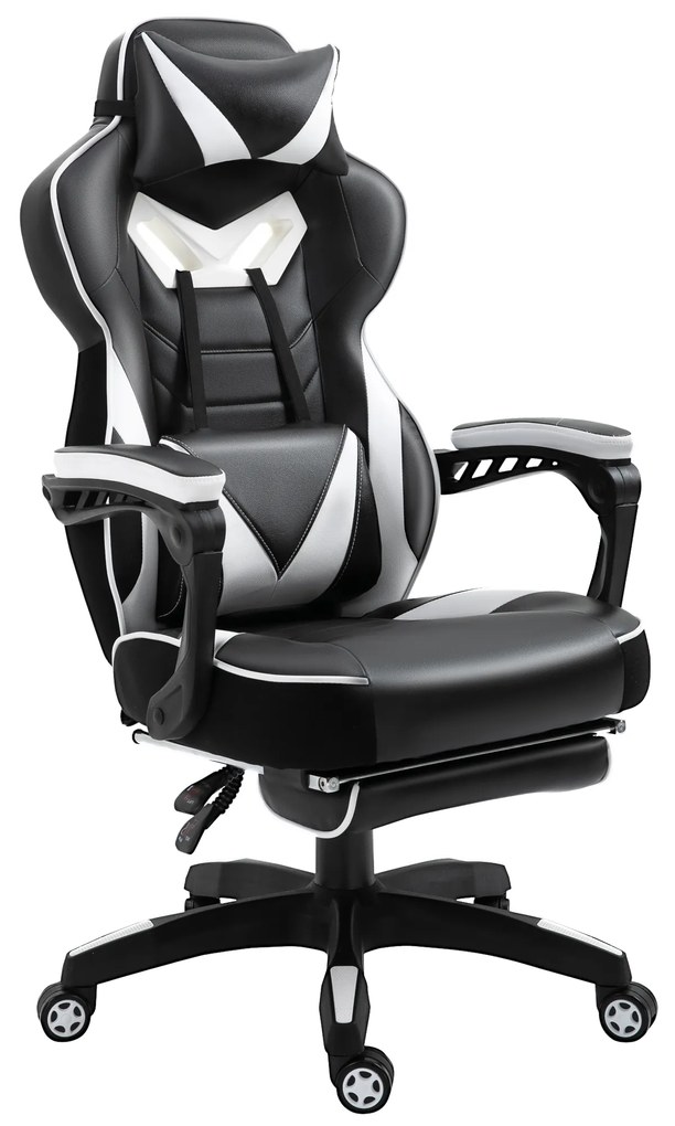 Vinsetto Cadeira de escritorio gaming ergonômica Altura ajustável Reclinável Encosto com apoio para pés 65x70x118,5-126,5 cm Branco e Preto