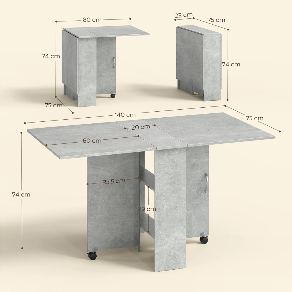Mesa de Sala de Jantar Dobrável com 2 Prateleiras de Armazenamento (CADEIRAS NÃO INCLUIDAS) e Rodas para Cozinha 75x140x74 cm Cinza