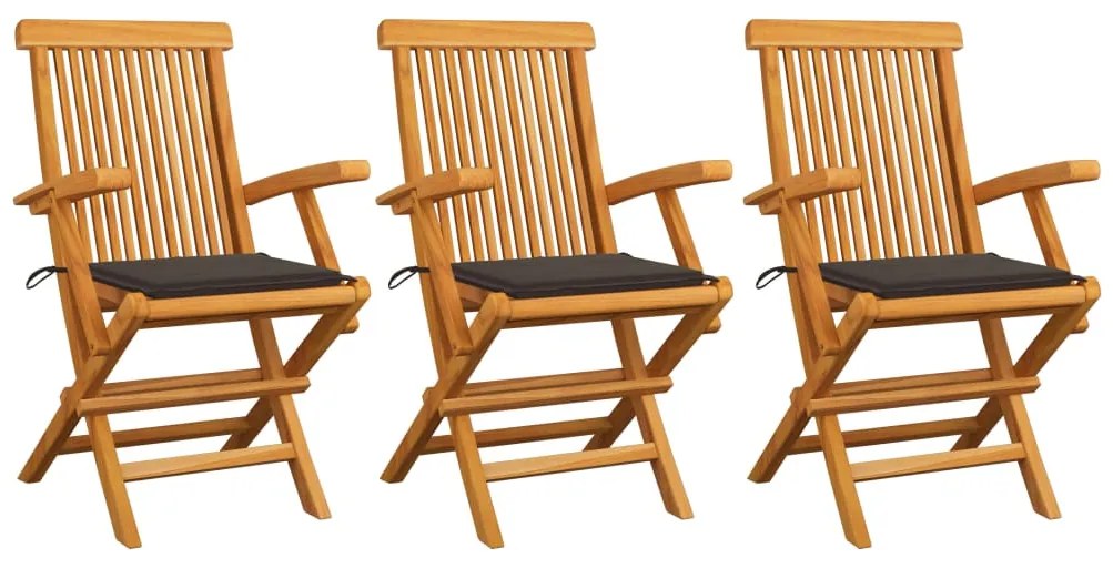 3062522 vidaXL Cadeiras de jardim c/ almofadões cinza-acast. 3 pcs teca maciça