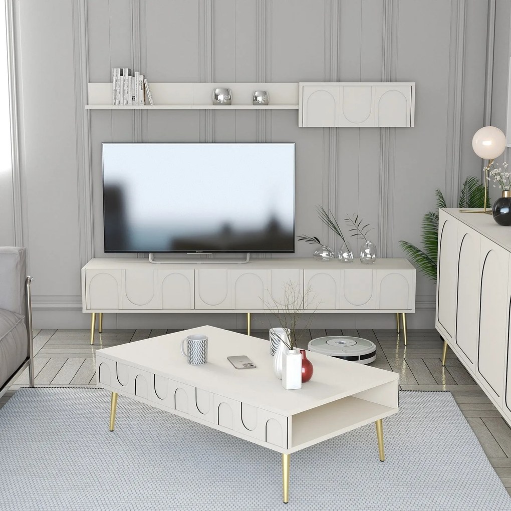 Conjunto de Mobiliário para Sala de Estar Lyon – Creme e Dourado – Med