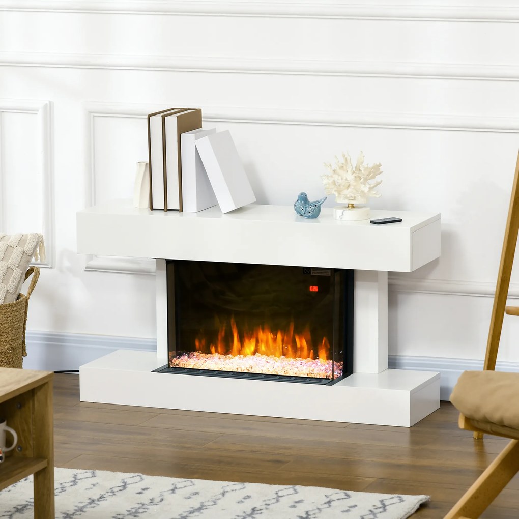 HOMCOM Lareira Elétrica 1000W/2000W Lareira Elétrica de Parede com Temperatura Ajustável Silenciosa Temporizador e Controlo Remoto para Ambientes de 15-25 m² 98x27x54,5 cm Branco