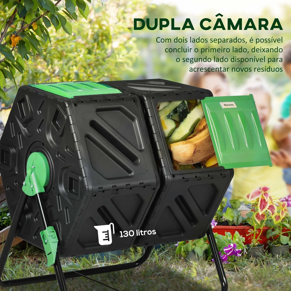 Compostor Giratório de 130L Recipiente de Compostagem de Jardim de Dupla Câmara com Aberturas de Ventilação 67x60x77 cm Preto e Verde