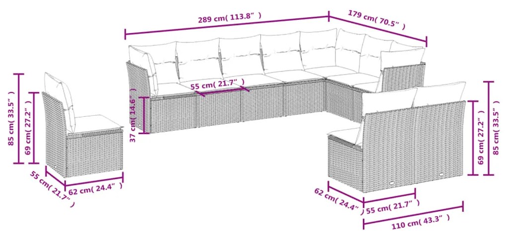 10 pcs conj. sofás jardim com almofadões vime PE cinzento-claro