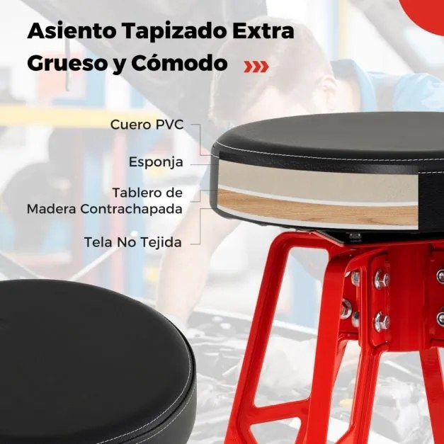 Banco Mecânico Alto de Alumínio com Assento Giratório de 360° Acolchoado com Apoio para os Pés para Oficina Vermelho