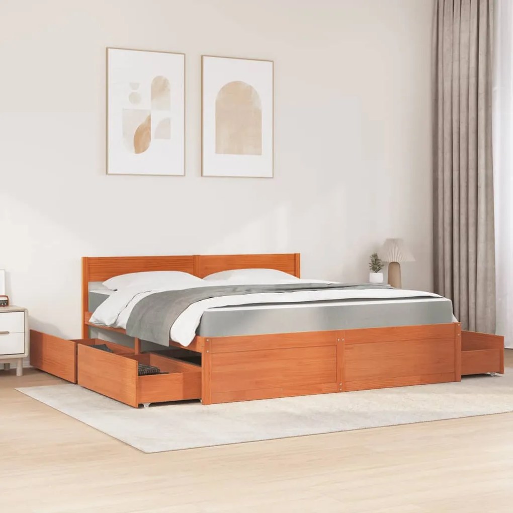 Cama com gavetas e colchão 180x200 cm pinho maciço castanho-mel