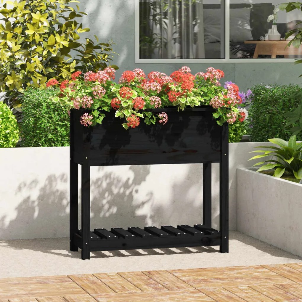 823763 vidaXL Vaso/floreira com prateleira 82,5x34,5x81 cm pinho maciço preto