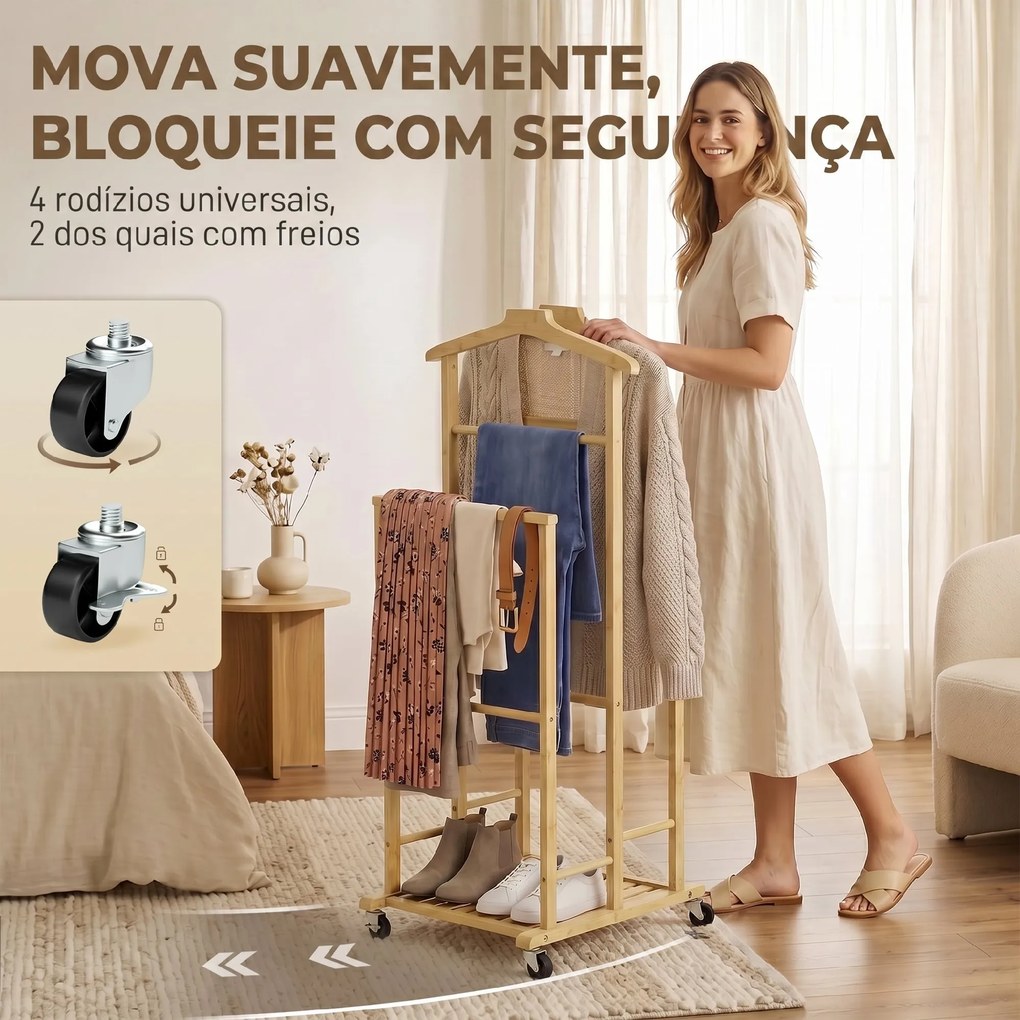 Cabide roupa de Noite em Bambu com Rodas, Cabides para Roupa, Suporte para Calças, Bandeja e Prateleira, Natural