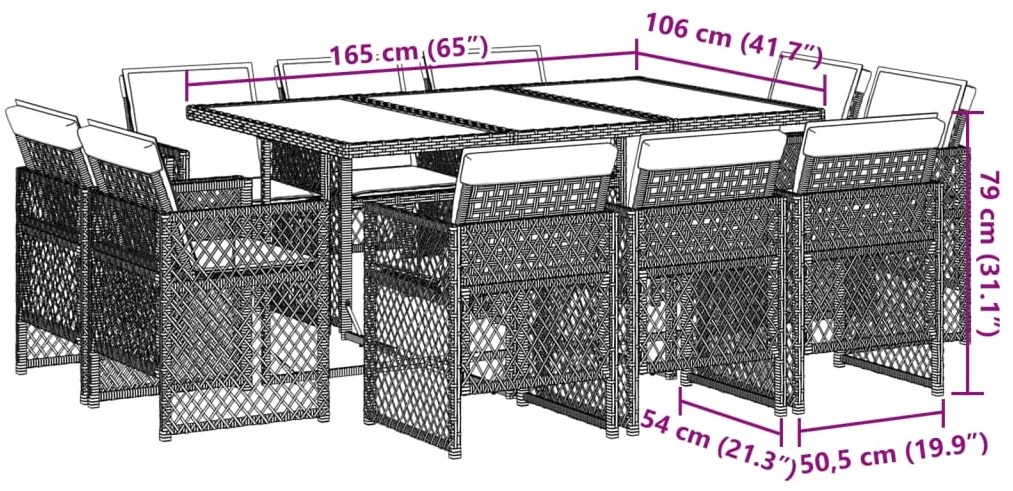 11 pcs conjunto jantar p/ jardim c/ almofadões vime PE castanho