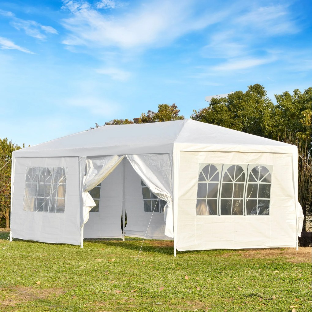 Outsunny Pérgola 6x3m com 2 Portas, 4 Paredes Laterais Removíveis e 4 Janelas para Eventos Branco