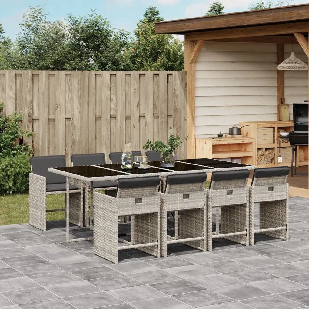 vidaXL 9 pcs conjunto de jantar p/ jardim c/ almofadões cinzento claro