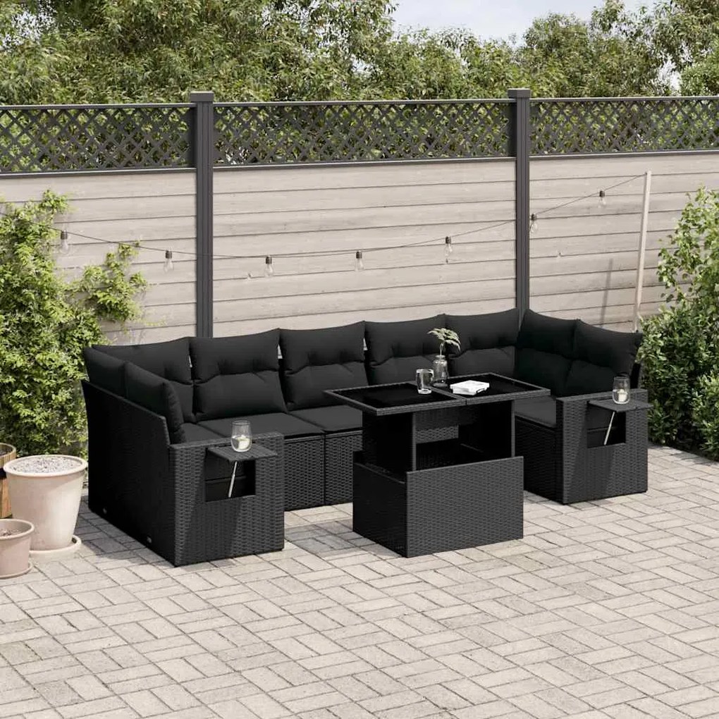8 pcs conjunto sofás de jardim com almofadões vime PE preto