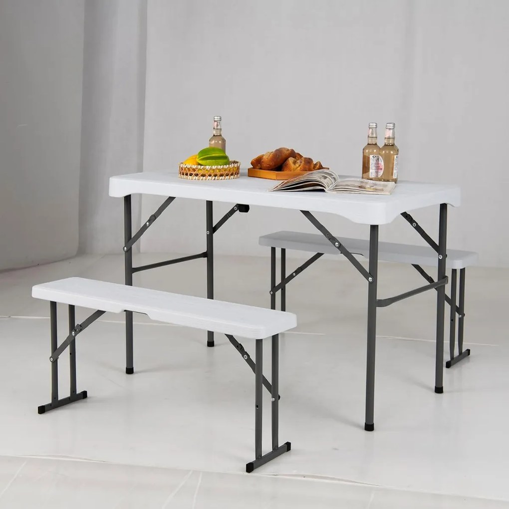 Conjunto de mesa e bancos de piquenique ou campismo dobrável com 2 bancos Superfície em HDPE Branco