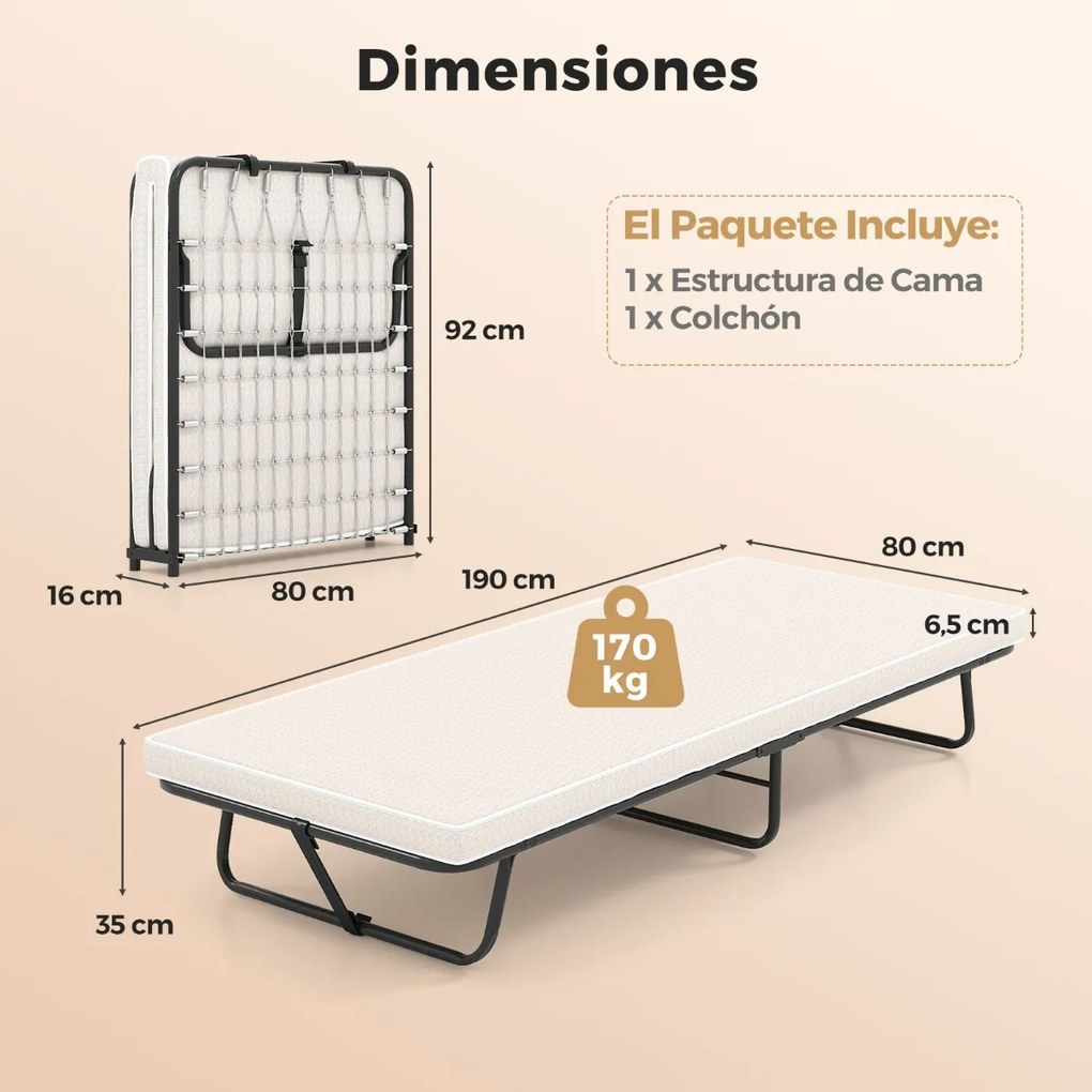 Cama dobrável 190 x 80 cm com colchão portátil para hóspedes com espuma viscoelástica Estrutura metálica resistente e molas Bege