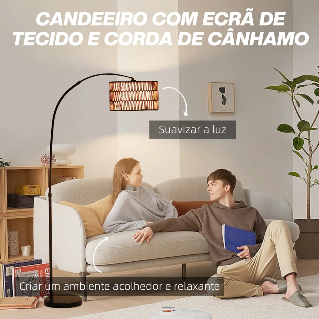 Candeeiro de Pé com Altura Ajustável Ecrã de Juta Interruptor de Pé e Base de Mármore 93x34x144-175 cm Preto, castanho e branco