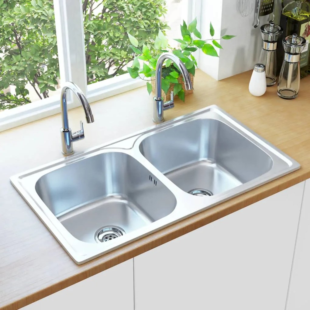 145074 vidaXL Lava-louças de cozinha com 2 cubas ralo e sifão aço inoxidável