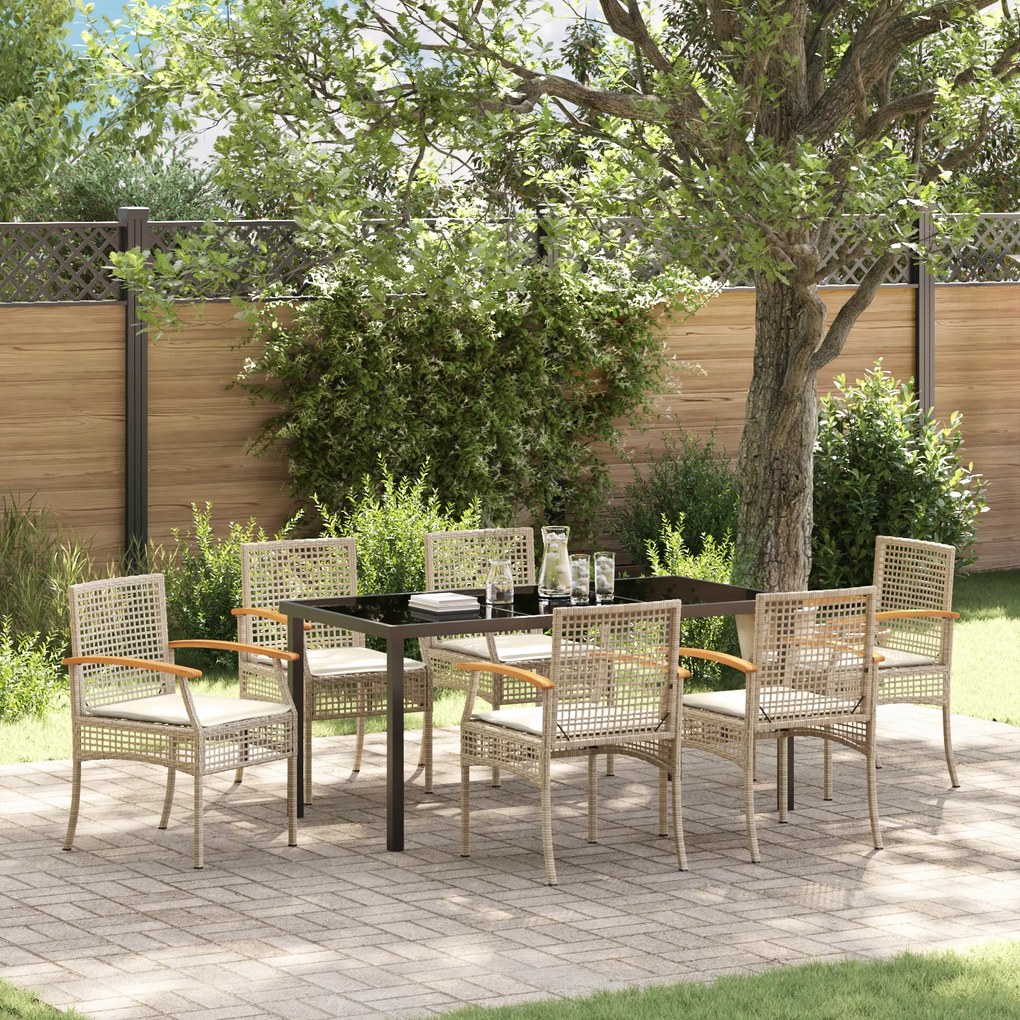 Conjunto de Jantar de Jardim de 7 peças com Almofadas Bege de Vime Pol
