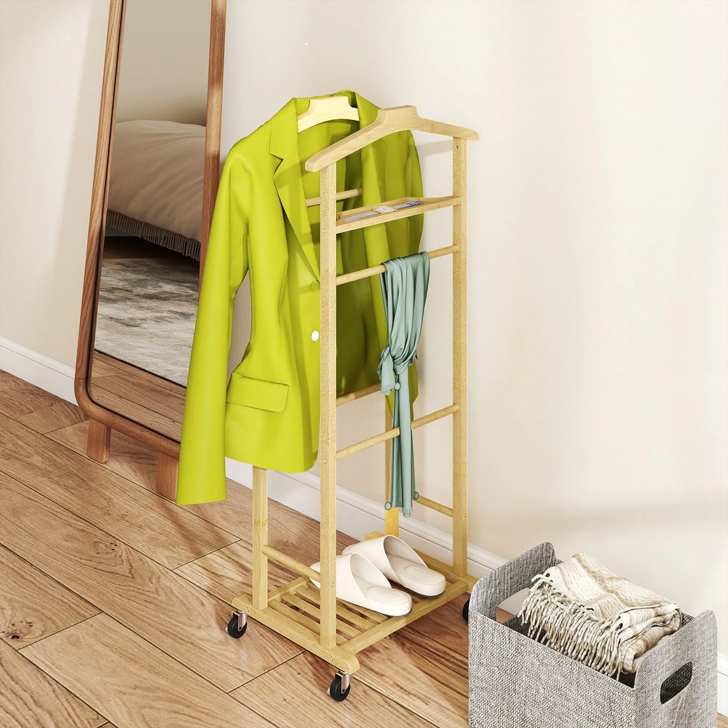 Cabide de Pé de Bambu Cabide com Rodas Suportes para Roupas Barras para Calças Bandeja e Sapateira  47x33,7x105,5 cm Madeira