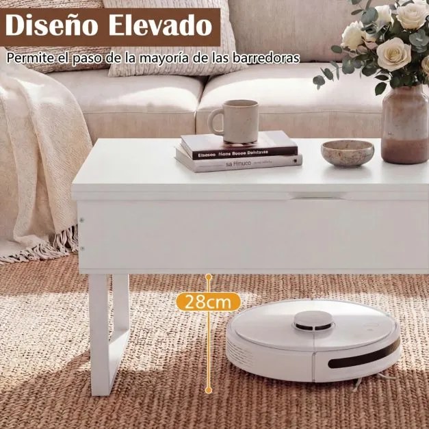 Mesa de centro conversível 3 em 1 com tampo elevável 100 x 50 x 49 cm e 3 compartimentos ocultos de madeira para sala de estar Branca