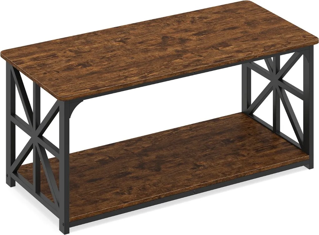 Mesa de centro de estilo industrial 109 x 50 x 48 cm, 2 níveis, prateleira aberta, estrutura metálica, para sala de estar, castanho rustica