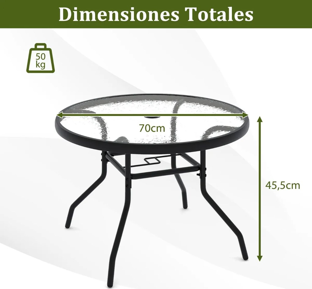 Mesa jarim para exterior com vidro temperado 70 x 70 x 45,5 cm, orifício para guarda-sol e metal para jardim ou terraço Preta