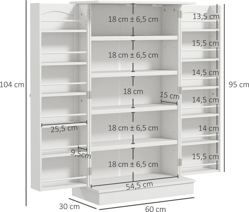 Armário de cozinha para despensa com 2 portas, 5 prateleiras e 12 suportes para especiarias - 60 x 30 x 104 cm - branco