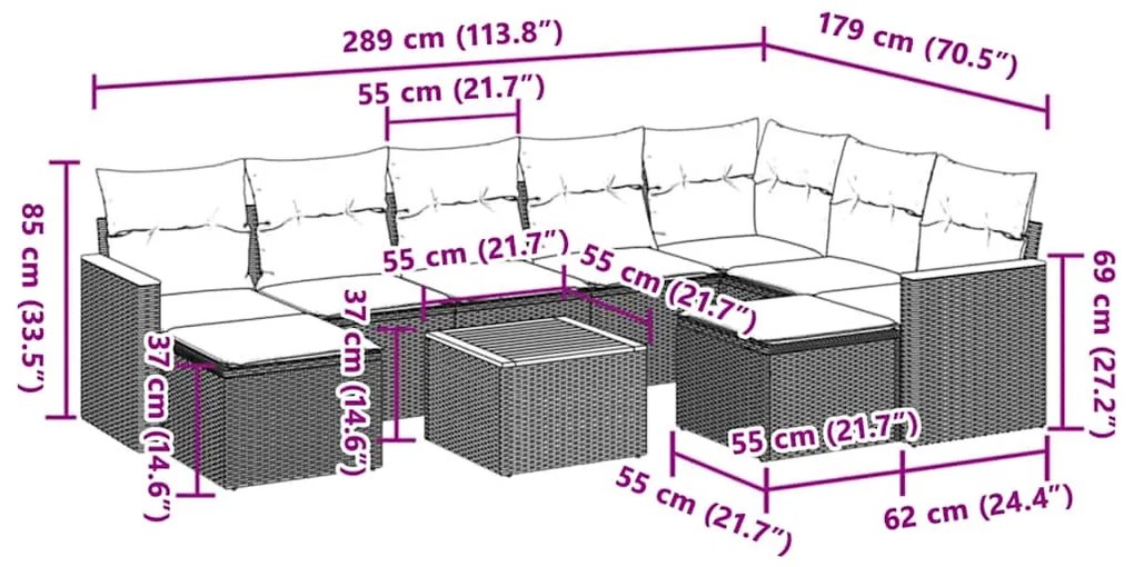 10 pcs conjunto sofás de jardim c/ almofadões vime PE preto