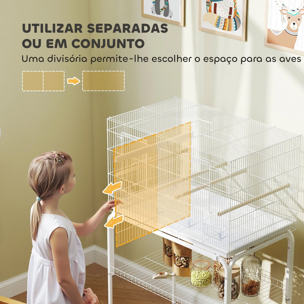 Gaiola para Pássaros com Divisória Rodas Gaiola para Aves com Comedouros Poleiros e Bandeja Removível 76x46x116 cm Branco