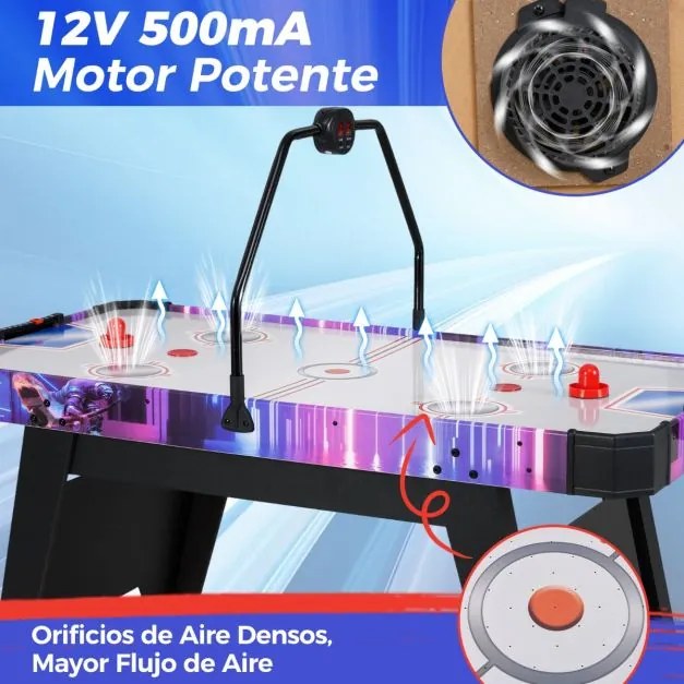 Mesa de Air hóquei Crianças com marcador digital LED Motor potente de 12 V e 2 discos e 2 empurradores 144 x 68 x 81 cm Branco