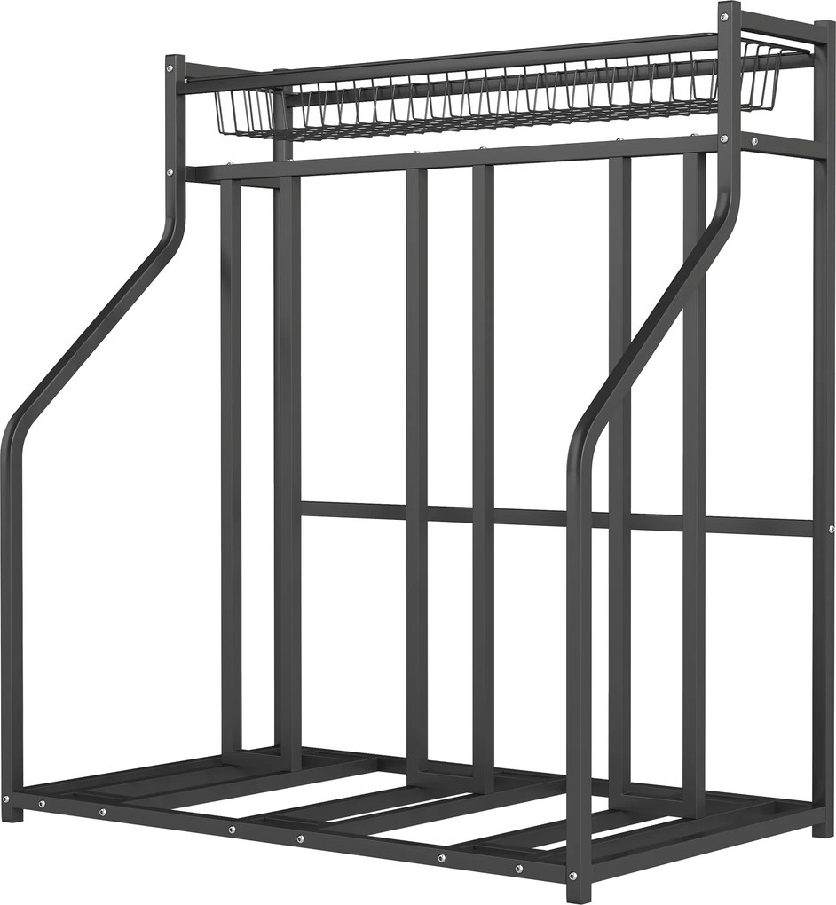 Suporte para bicicletas 90 x 54 x 100 cm suporte de estacionamento para 3 bicicletas com cesto superior e 4 ganchos, preto