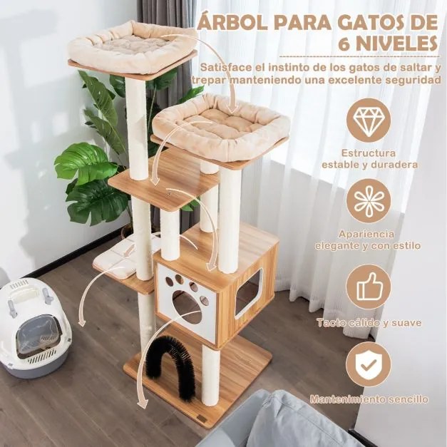 Arranhador moderno para gatos de interior de 176 cm Árvore para gatos de vários níveis com 2 poleiros Torre de madeira Tapetes para gatos bege