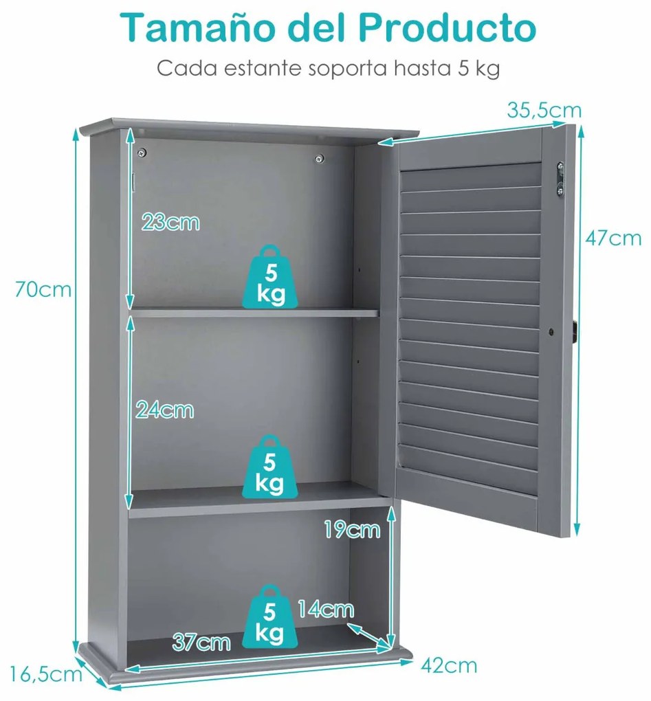 Armário de parede para casa de banho com porta e 3 estantes em MDF para arrumação de toalhas 42 x 17 x 70 cm Cinzento