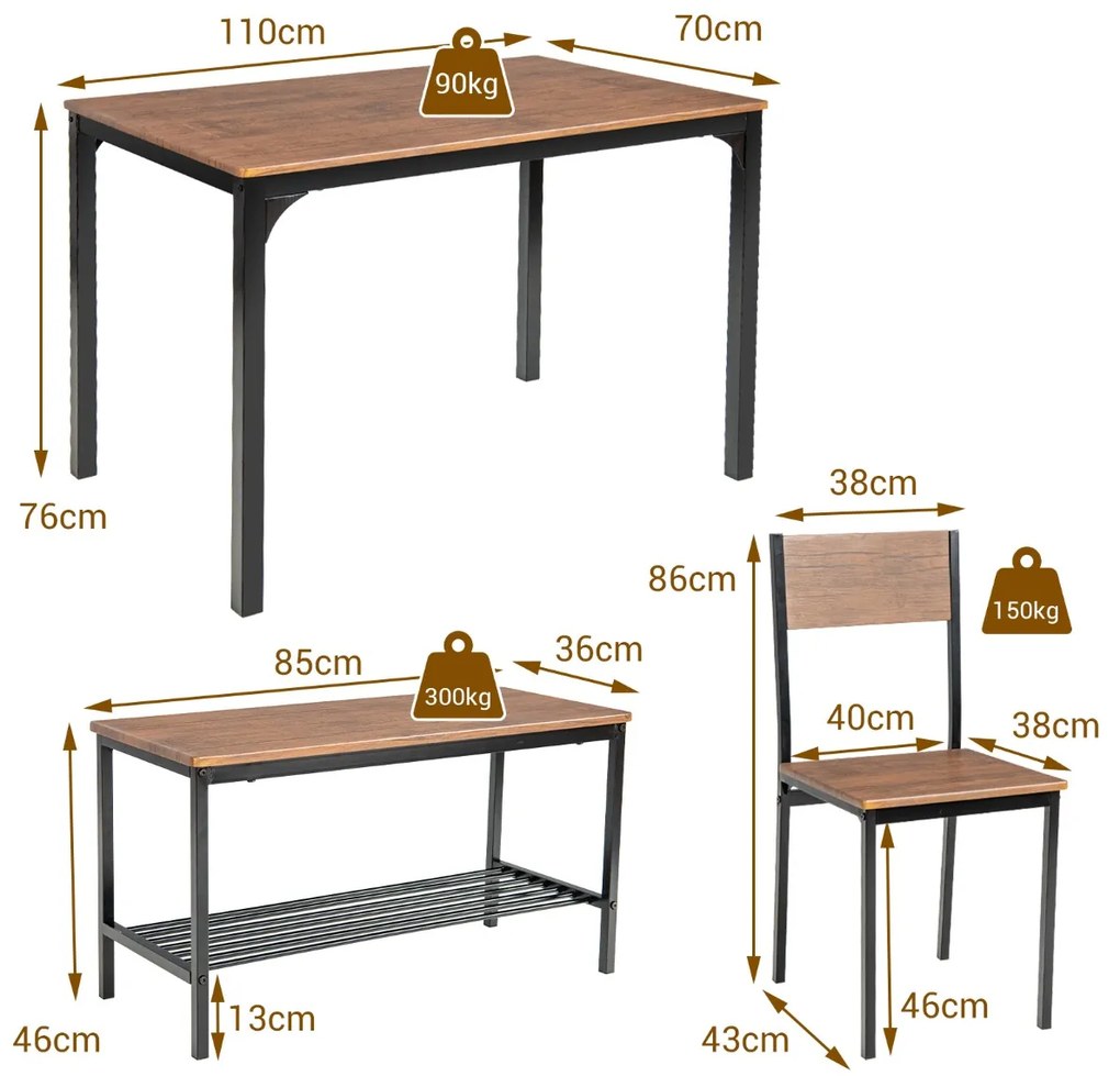 Conjunto de mesa de cozinha com 2 cadeiras e 1 banco Estrutura metálica e estante castanho claro