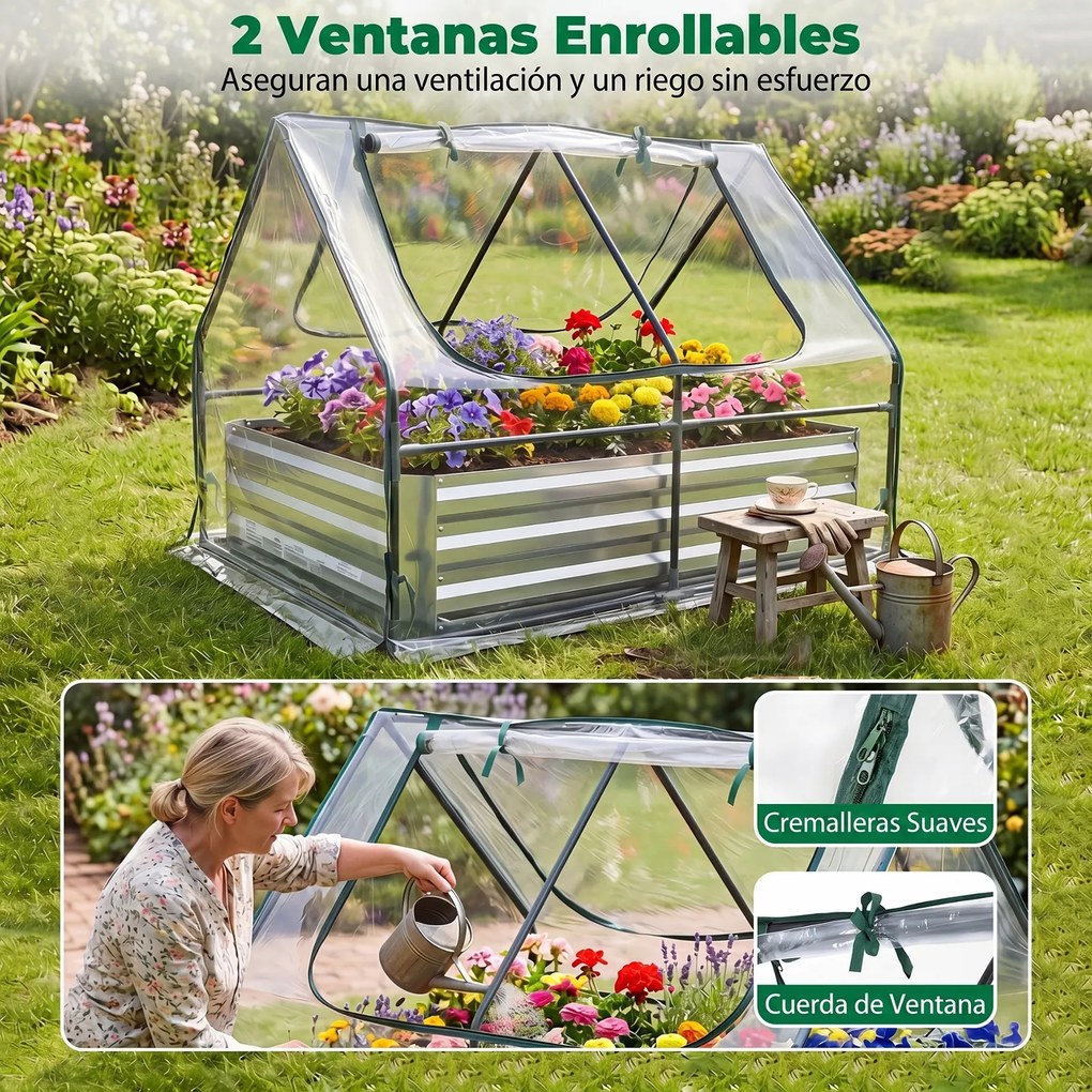 Jardineira Elevada com Estufa, 127 x 97 x 93 cm, Base Aberta para Drenagem, Prateado