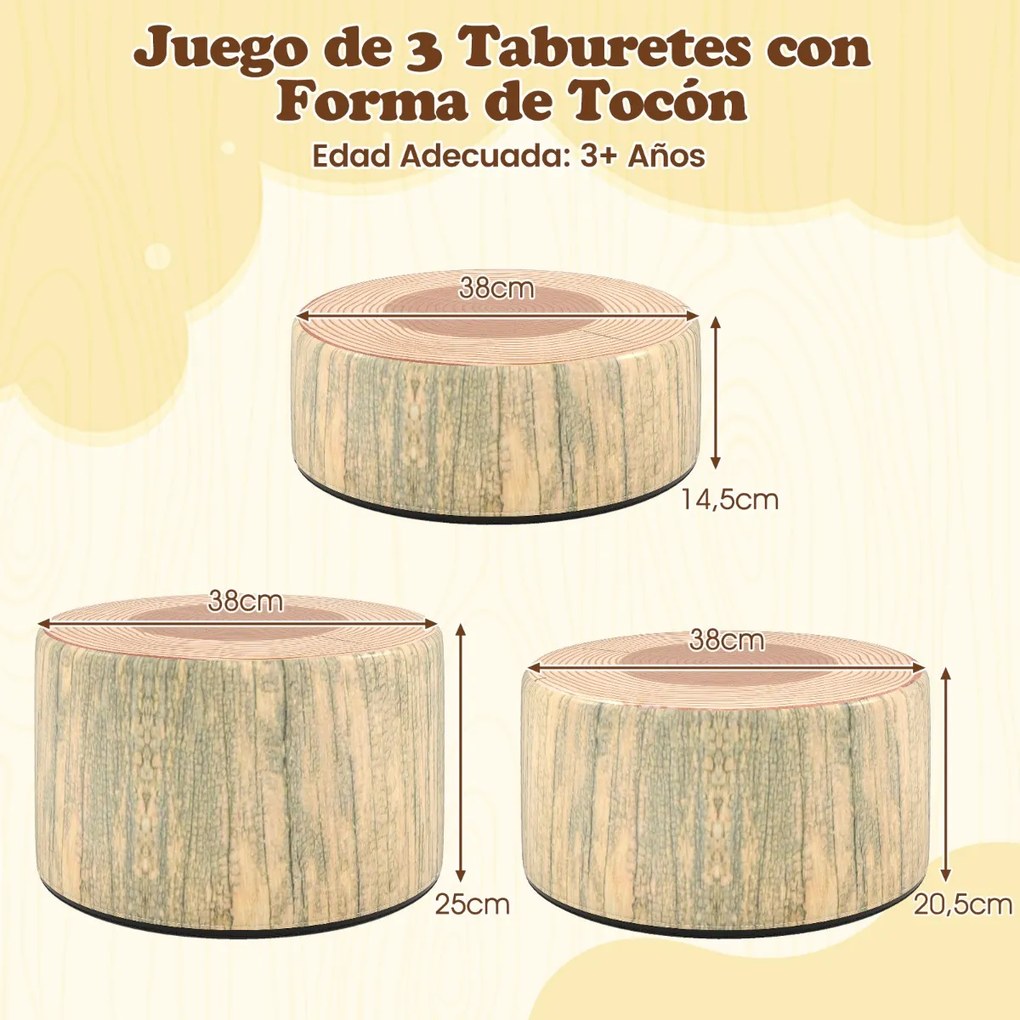 Conjunto de 3 bancos em forma de tronco de árvore para crianças, almofadas de chão com diferentes alturas, decoração natural para sala de aula ou crec