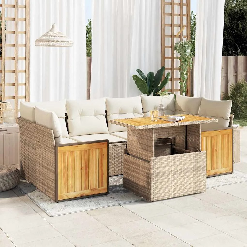 vidaXL 7 pcs conjunto sofás jardim com almofadões vime PE/acácia bege