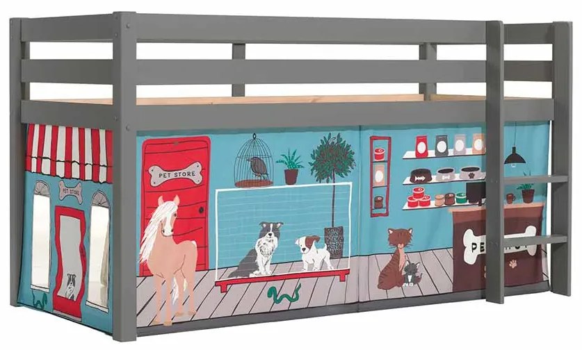 Cama alta de Criança PINO 90 x 200 cm + estrado + escada + cortina Animais Cinzenta