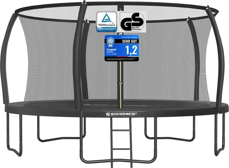 Trampolim de 427 cm de diâmetro com rede de segurança e varas curvas, preto