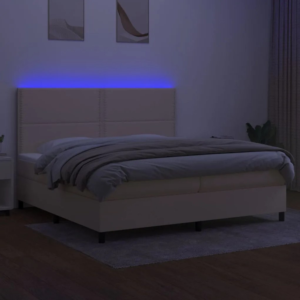 Cama box spring c/ colchão e LED 200x200 cm tecido cor creme