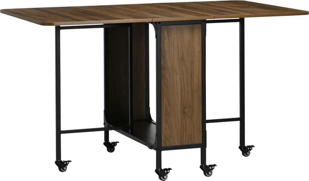 Mesa de Cozinha Dobrável Mesa de Refeição Dobrável com Rodas Laterais Abatíveis e Prateleira Mesa Dobrável para Sala de Jantar 130x80x74 cm Castanha