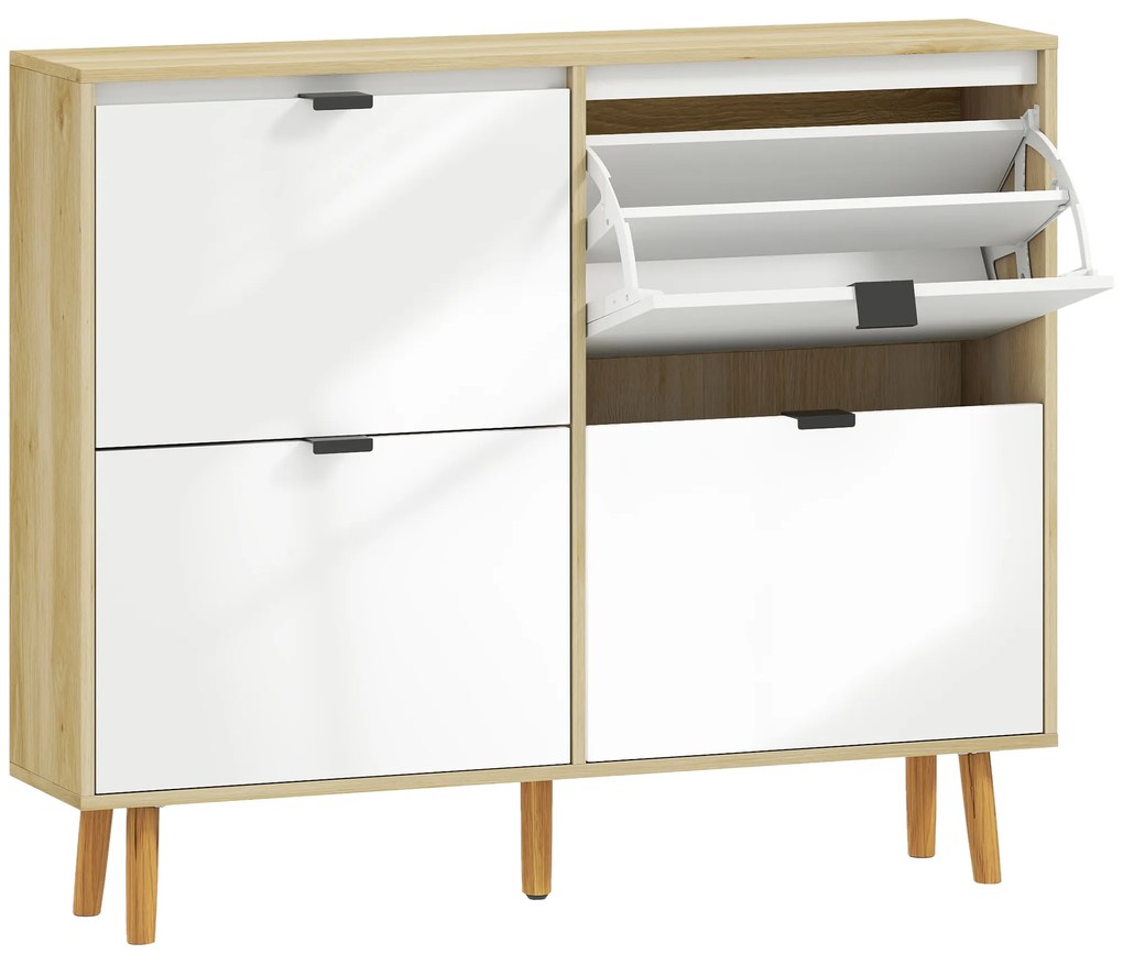 Sapateira Estreita com 4 Portas em Branco Brilho Prateleiras Ajustáveis Pernas de Madeira para 20 Pares de Sapatos 105x24x92,5 cm