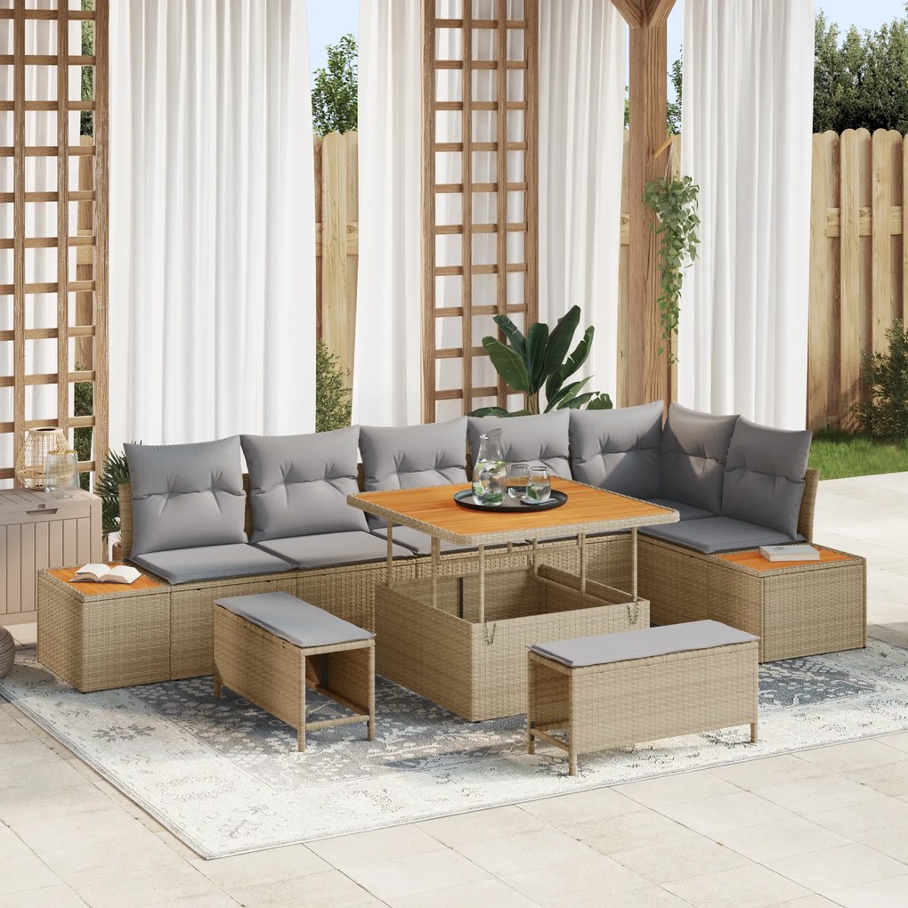 Conjunto de Sofá de Jardim vidaXL de 9 Peças com Almofadas Bege Vime A